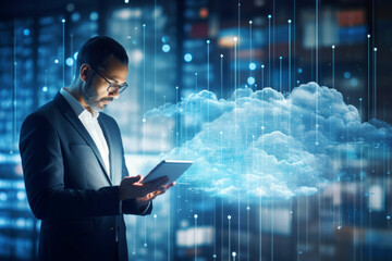 The  businessman close-up accessing cloud storage from his tablet in a high-tech corporate office