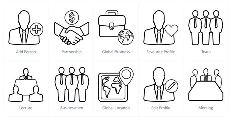 A set of 10 mix icons as add person, partnership, global business