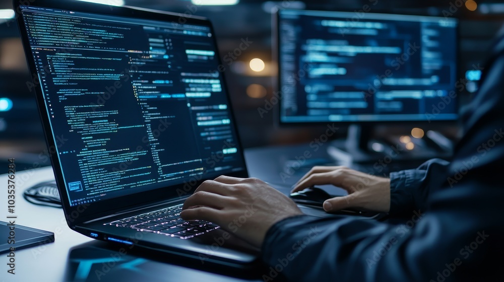Poster a focused data center programmer using a digital laptop as an it maintenance specialist, emphasizing