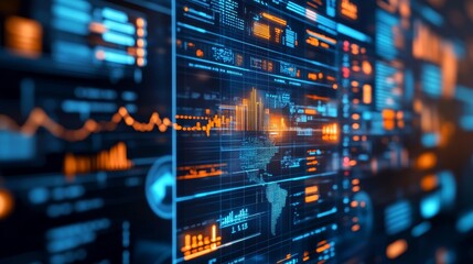 Futuristic Global Business and Finance Technology, with Holographic Charts, Graphs, and World Map,