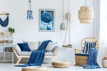 The room features a blue sofa and armchair, surrounded by lush plants and illuminated by a wooden pendant light, all on a white backdrop