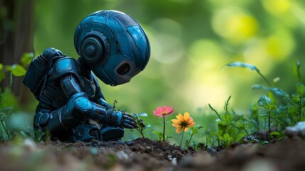 Friendly humanoid robot helping to plant flowers in a colorful garden space Stock Photo with side copy space