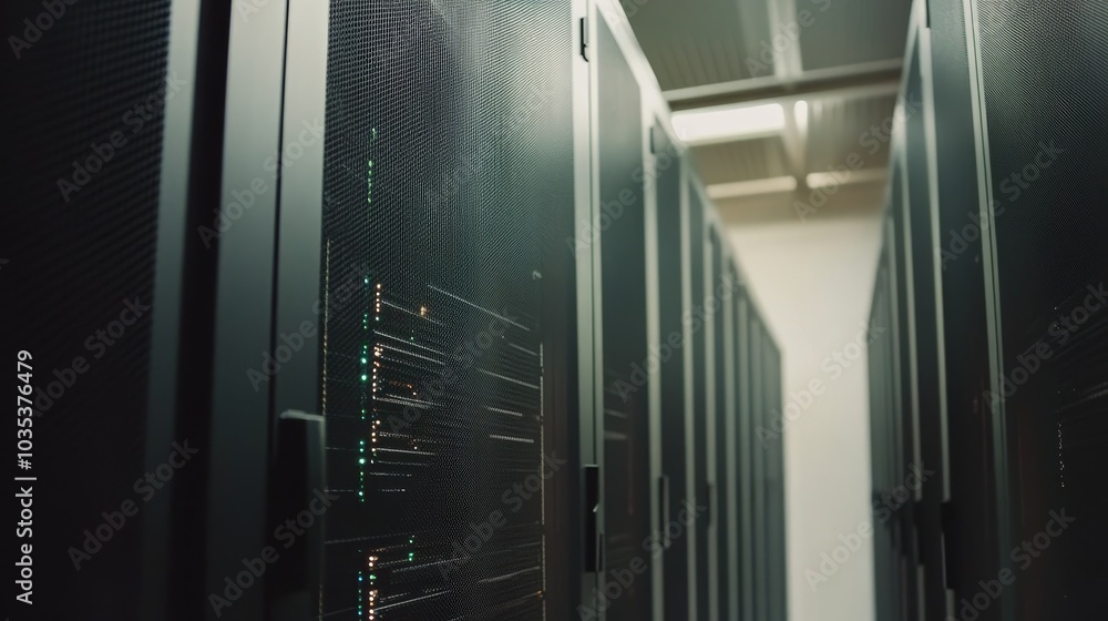 Poster interior of a large modern server room showcasing advanced technology and server racks, emphasizing 