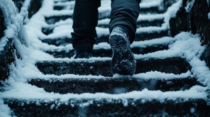 A man cautiously ascends a snow-covered staircase during winter, emphasizing the potential dangers of icy surfaces and the importance of careful footing in challenging weather conditions