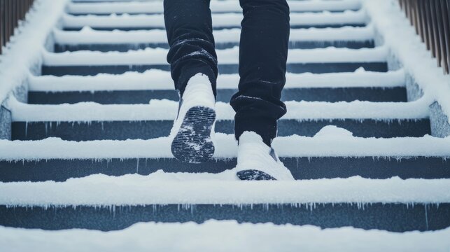 A man cautiously ascends a snow-covered staircase during winter, emphasizing the potential dangers of icy surfaces and the importance of careful footing in challenging weather conditions