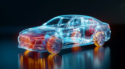 This image features a futuristic, transparent car model illuminated by neon lights. The intricate design showcases modern automotive technology and creativity.