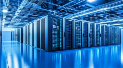 Server racks in a computer network security room, showcasing a data center environment with advanced technology and digital rendering for enhanced cybersecurity measures