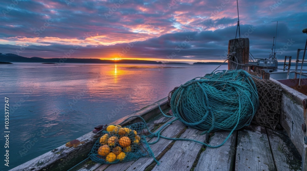 Wall mural Serene Sunset Over Calm Waters with Fishing Gear