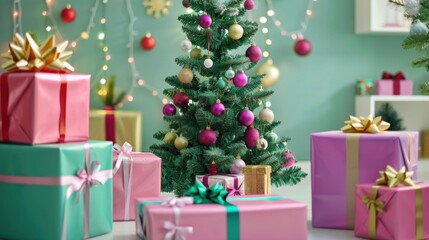 Colorful Christmas Scene with Gifts and Tree