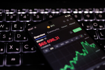 Screen shows the price of Bitcoin BTC to the USDT (Tether cryptocurrency pegged to the US dollar) is growing against the background of charts