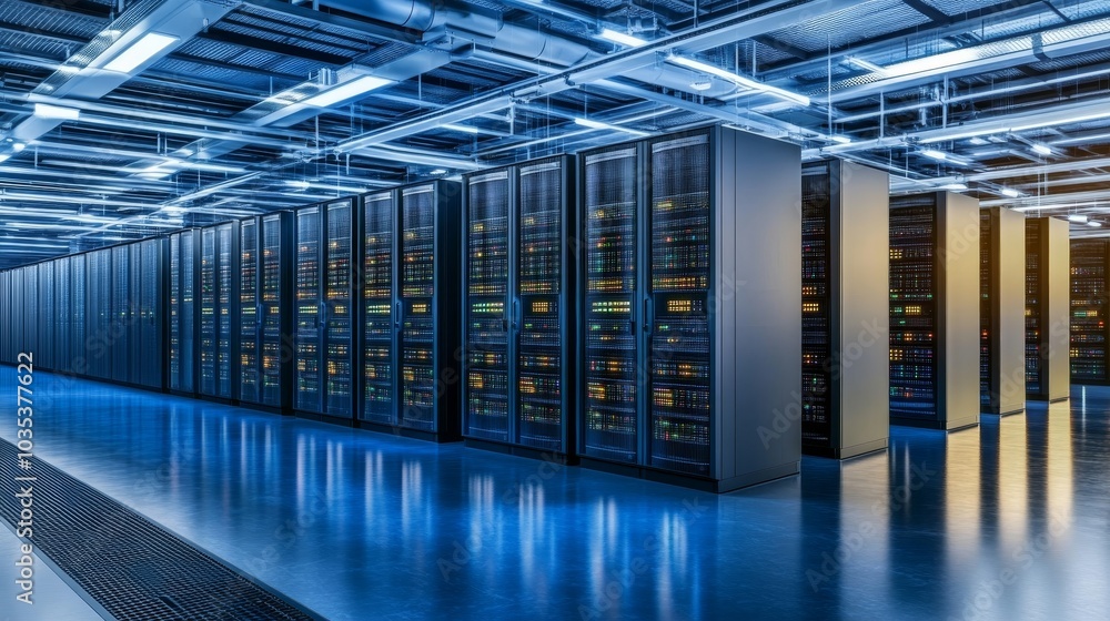 Poster dark data center showcasing advanced servers for cloud storage, illuminated by data signal lights, r