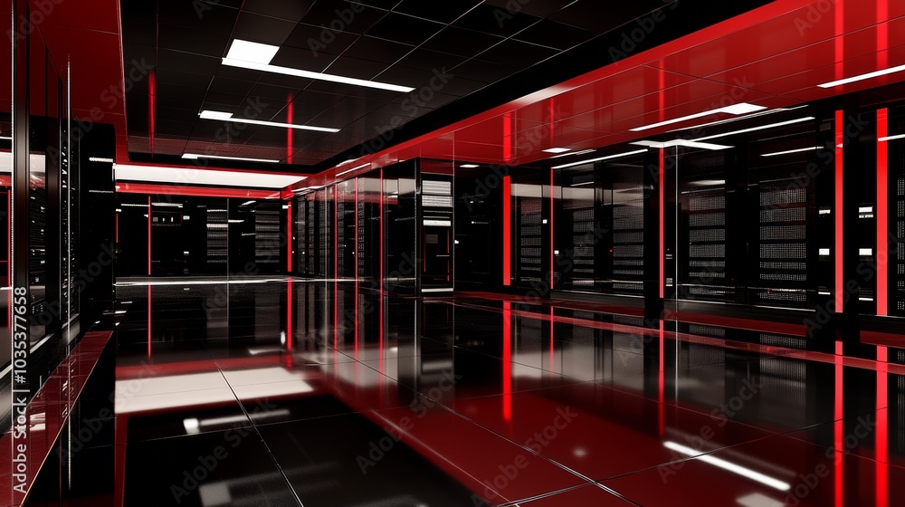 Poster dark data center showcasing advanced servers for cloud storage, illuminated by data signal lights, r