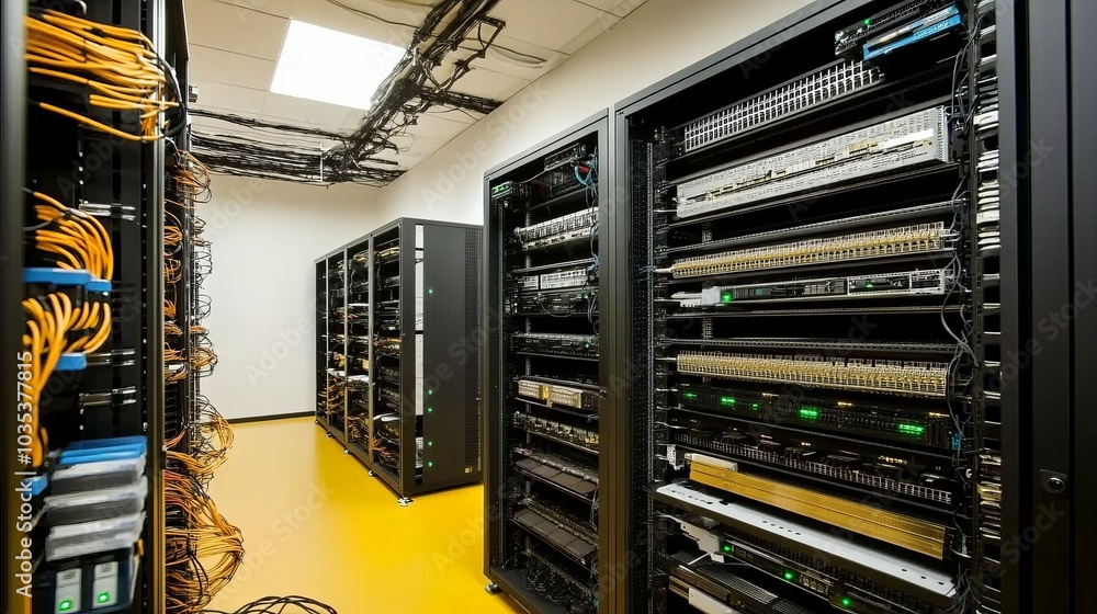 Poster contemporary data center interior featuring server racks and telecommunication equipment, highlighti
