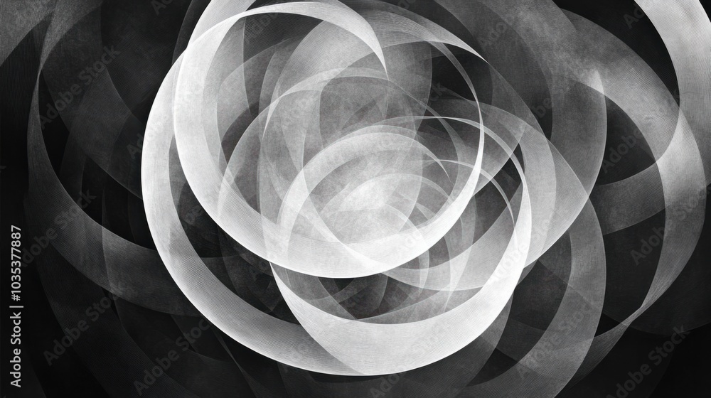 Poster complex patterns of overlapping circles, forming a rhythmic and dynamic abstract design