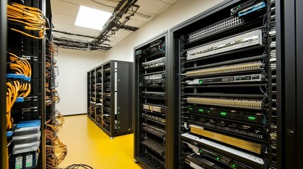 Contemporary data center interior featuring server racks and telecommunication equipment, highlighting advanced network and internet communication technology for efficient digital operations