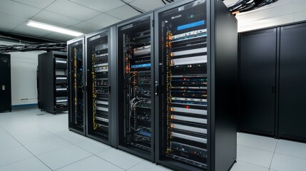 Contemporary data center interior featuring server racks and telecommunication equipment, highlighting advanced network and internet communication technology for efficient digital operations