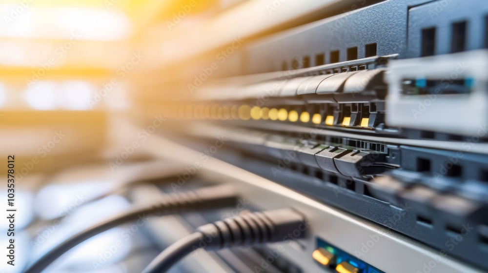 Poster network switch and ethernet cables showcasing essential components in a data center, illustrating th