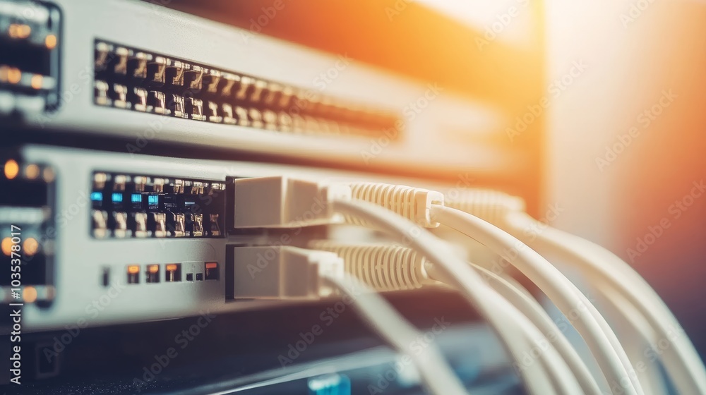 Poster network switch and ethernet cables showcasing essential components in a data center, illustrating th