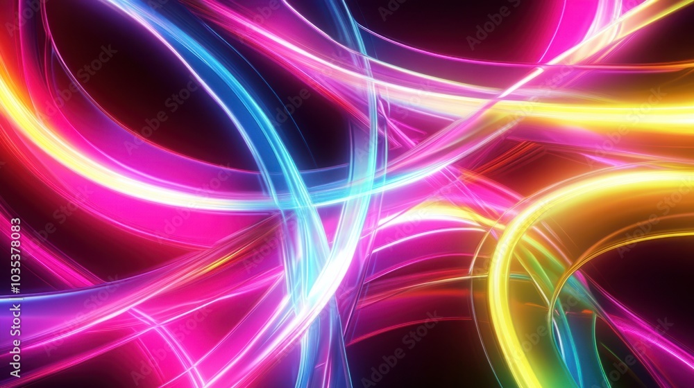 Poster curved lines in bright neon shades, intersecting and twisting to create an abstract design