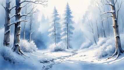 Snowy winter forest scene in watercolor style with soft blue tones representing serene nature