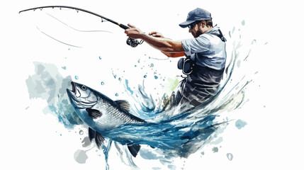 Illustration of a fisherman catching fish. Fishing.