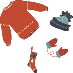Christmas Clothes Illustrations with Christmas Geometric Prints. Jumper, Sock, Mittens, Hat in Flat Style. Vector