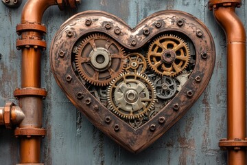 Fototapeta premium A metallic heart with cogs and gears inside, symbolizing a mechanical approach to love, precision, and the complexities of emotion, set in a steampunk world with copper pipes and machinery