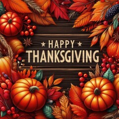 illustration a vibrant autumn-themed design featuring a wooden background adorned with colorful leaves, bright red berries, and small pumpkins. In the center, with the text "HAPPY THANKSGIVING".