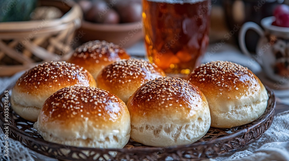 Poster Warm and toasted hamburger buns enjoyed with cold beverages in a relaxed setting Stock Photo with side copy space