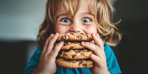 Kid joyfully holding a pile of cookies, celebrating Cookie Day. Perfect for content promoting fun, sweets, and family-friendly treats, emphasizing the excitement of homemade desserts.
