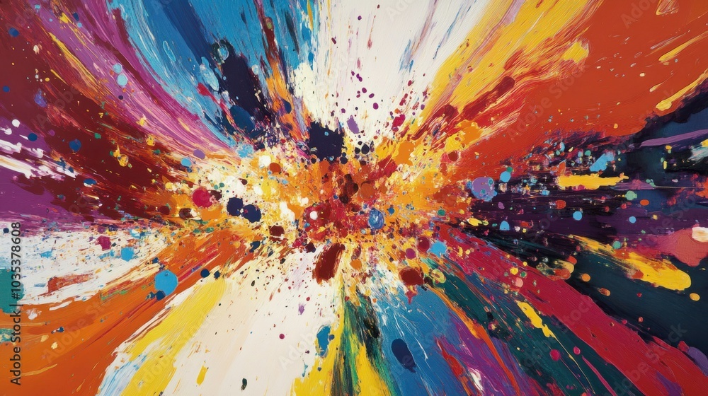 Poster exploding colors in splatter patterns, forming a chaotic yet artistic abstract background
