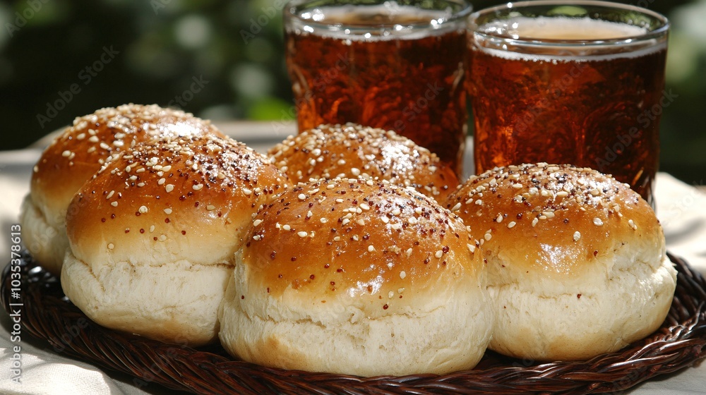 Poster Warm and toasted hamburger buns enjoyed with cold beverages in a relaxed setting Stock Photo with side copy space