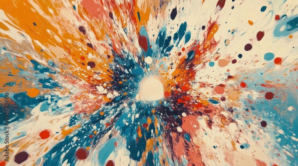 Poster exploding colors in splatter patterns, forming a chaotic yet artistic abstract background