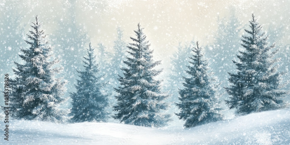 Poster a group of evergreen trees standing tall in a snow-covered forest, with a gentle snowfall adding to 