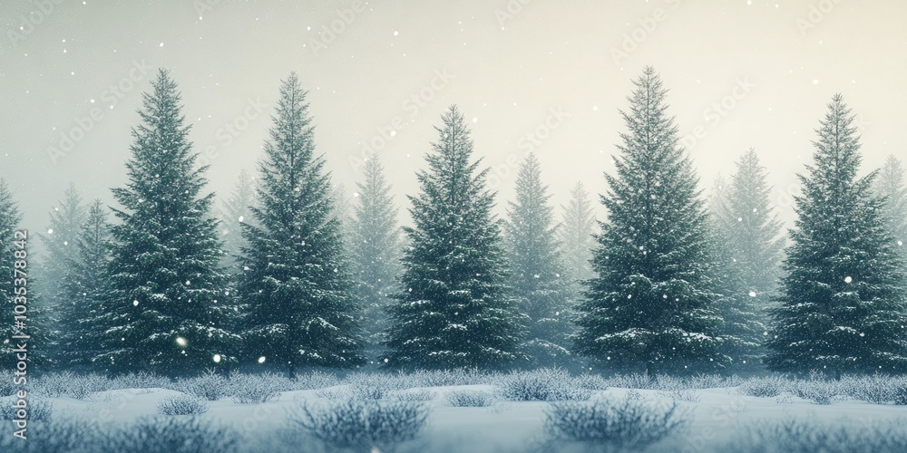 Poster a group of evergreen trees standing tall in a snow-covered forest, with a gentle snowfall adding to 