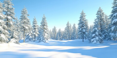 A peaceful winter landscape featuring a forest of snow-covered evergreen trees, with a clear blue sky above.