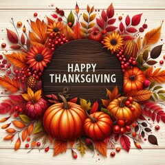 illustration a vibrant autumn-themed design featuring a wooden background adorned with colorful leaves, bright red berries, and small pumpkins. In the center, with the text "HAPPY THANKSGIVING".