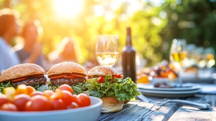 Biting into a burger bursting with flavor in a relaxed outdoor dining area on a sunny day Stock Photo with side copy space