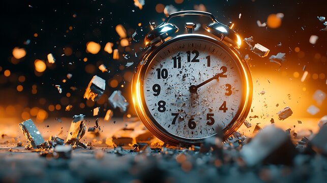 An artistic representation of an alarm clock exploding, symbolizing urgency and chaos. Dynamic light and debris create a dramatic effect.