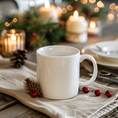 White mug on the holiday table. Mockup of a couple white mugs on the table. White mug mockups on the kitchen desk.	