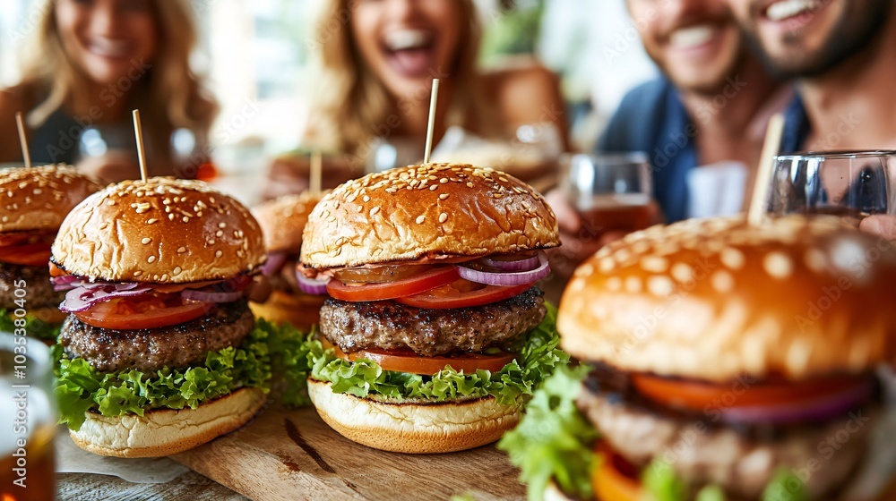 Poster cheeseburger oozing with flavor enjoyed by a group of friends in a lively setting stock photo with s