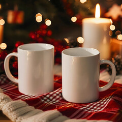 Obraz premium White mug on the holiday table. Mockup of a couple white mugs on the table. White mug mockups on the kitchen desk. 