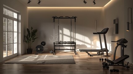 Minimalist home gym corner, soft lighting