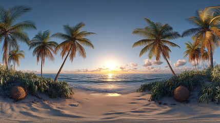 360 hdri panorama with coconut trees on ocean coast on beach at sunset in equirectangular spherical seamless projection : Generative AI