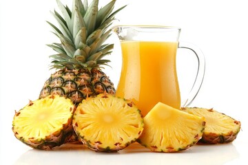 Freshly Squeezed Pineapple Juice in Glass Pitcher with Ripe Pineapple, Isolated on White Background.