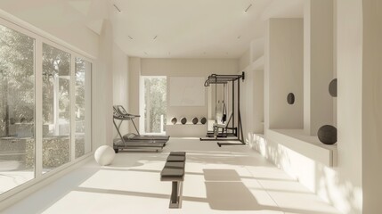 Minimalist home gym corner, soft lighting