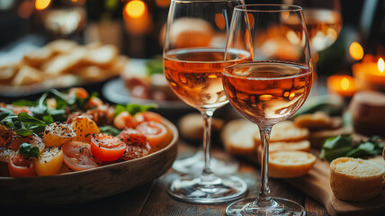 Naklejka premium A table with a variety of food and drinks, including two wine glasses filled with red wine. The atmosphere is casual and inviting, with the wine glasses