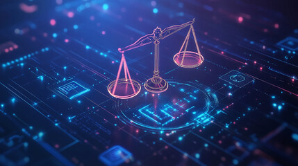 ai regulations concept visualized as digital icons and symbols surrounding a scale of justice highlighting the balance of technology and ethics in modern governance