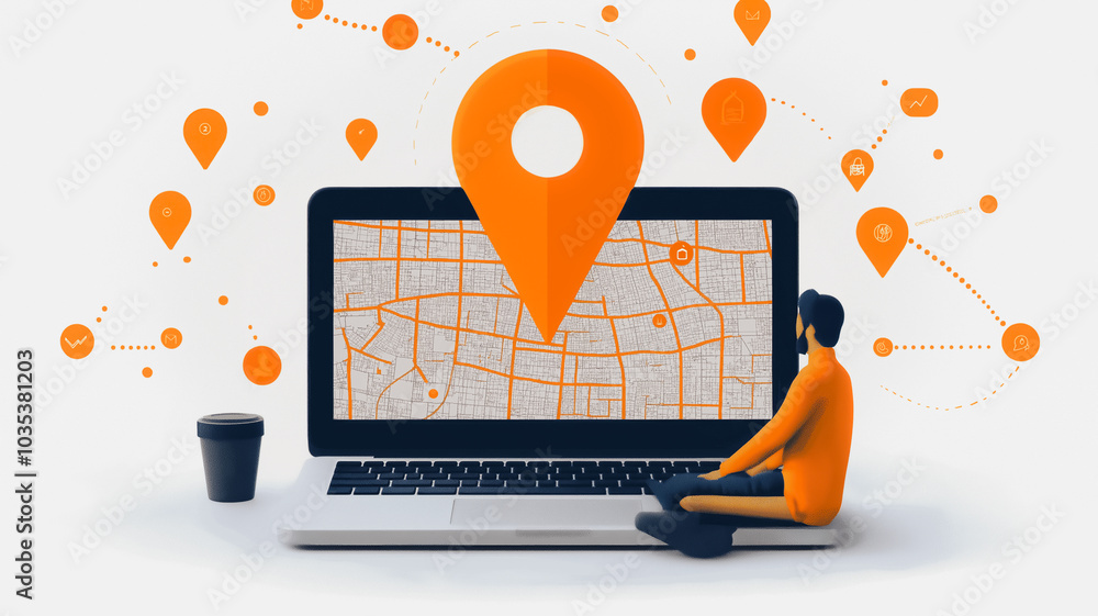Poster a man is sitting in front of a laptop with a map on the screen. the map is orange and has a pin on i