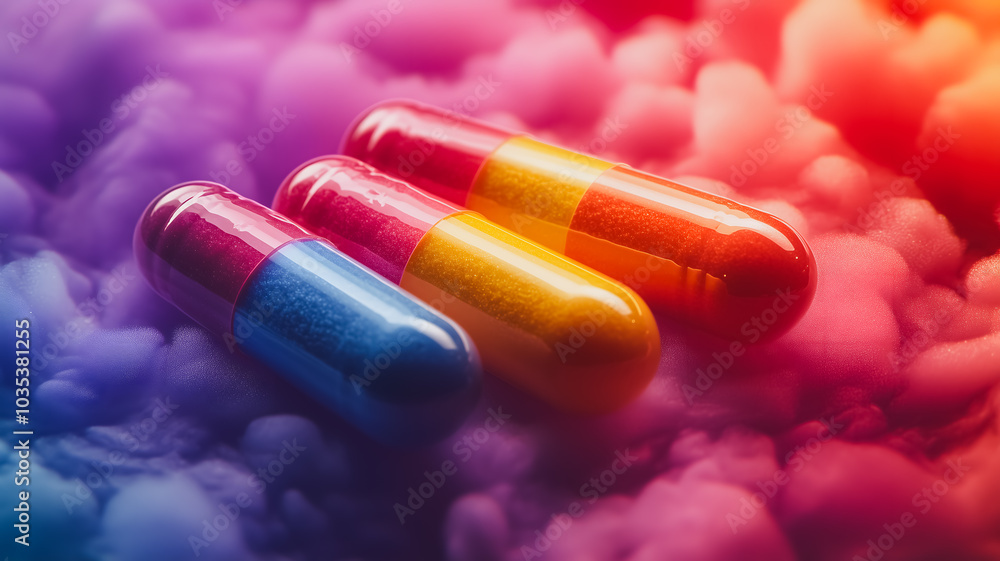Poster three pills are sitting on a colorful background. the pills are multicolored and appear to be in a c